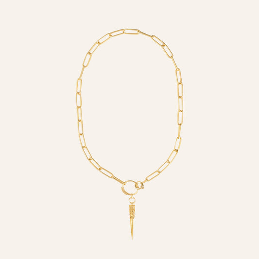 Colar curto em prata 925 trabalhada com banho de ouro e pendente alongado